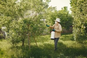 Woman in protective gear spraying pesticides on garden trees with a spray bottle.